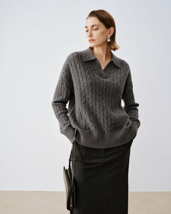 Cable-Knit Merino Wool Polo — gray
