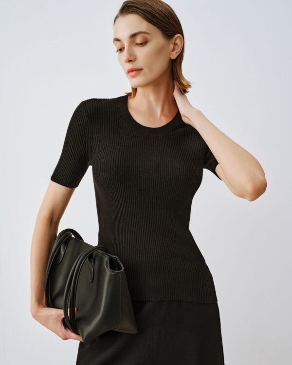 Cashmere-Silk Ribbed U-Neck Sweater — black