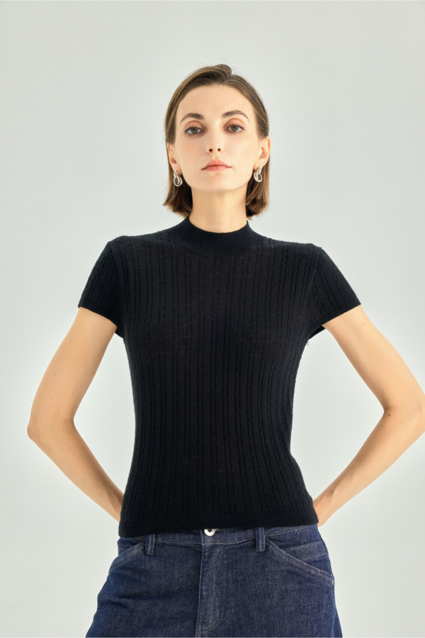 Wool Cashmere Pearl-Fiber Cable-Knit Top