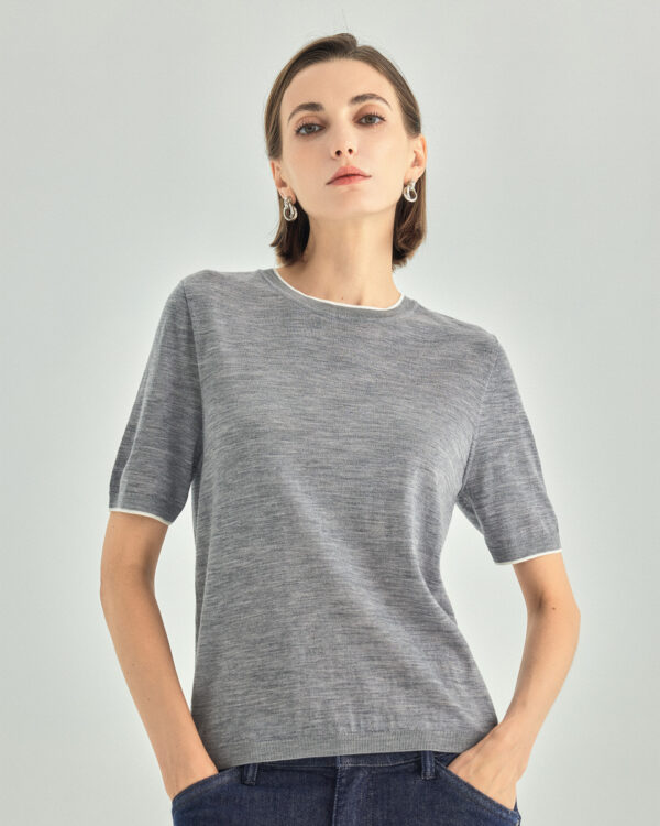 A+ Collection Seamless Merino Wool Contrast Trim Knit Top — gray