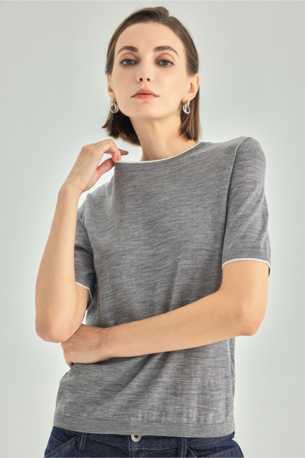 Seamless Merino Wool Contrast Trim Knit Top