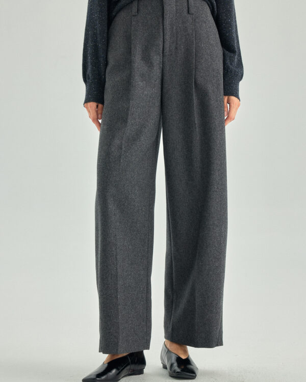 Pure Wool Single-Pleat Wide-Leg Trousers — Grey