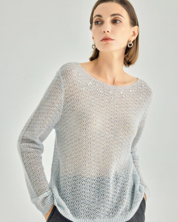 Cashmere Silk Open-Knit Boat-Neck Sweater — Light Blue