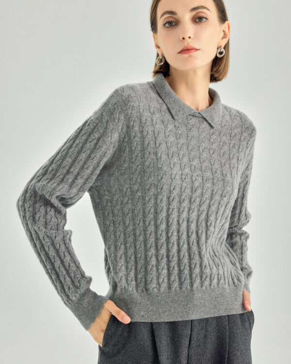 Pure Cashmere Cable-Knit Polo Sweater — Grey