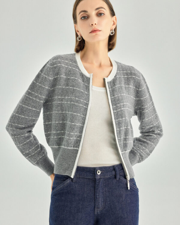 Pure Cashmere Striped Zip Cardigan — Grey and Ivory Stripe