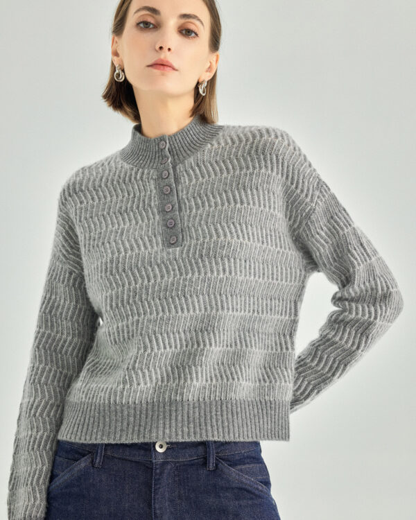 Pure Cashmere Button-Front Stand Collar Sweater — Grey