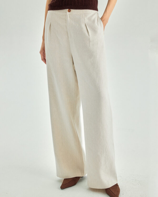 Linen Blend High-Rise Wide-Leg Trousers — Light Beige