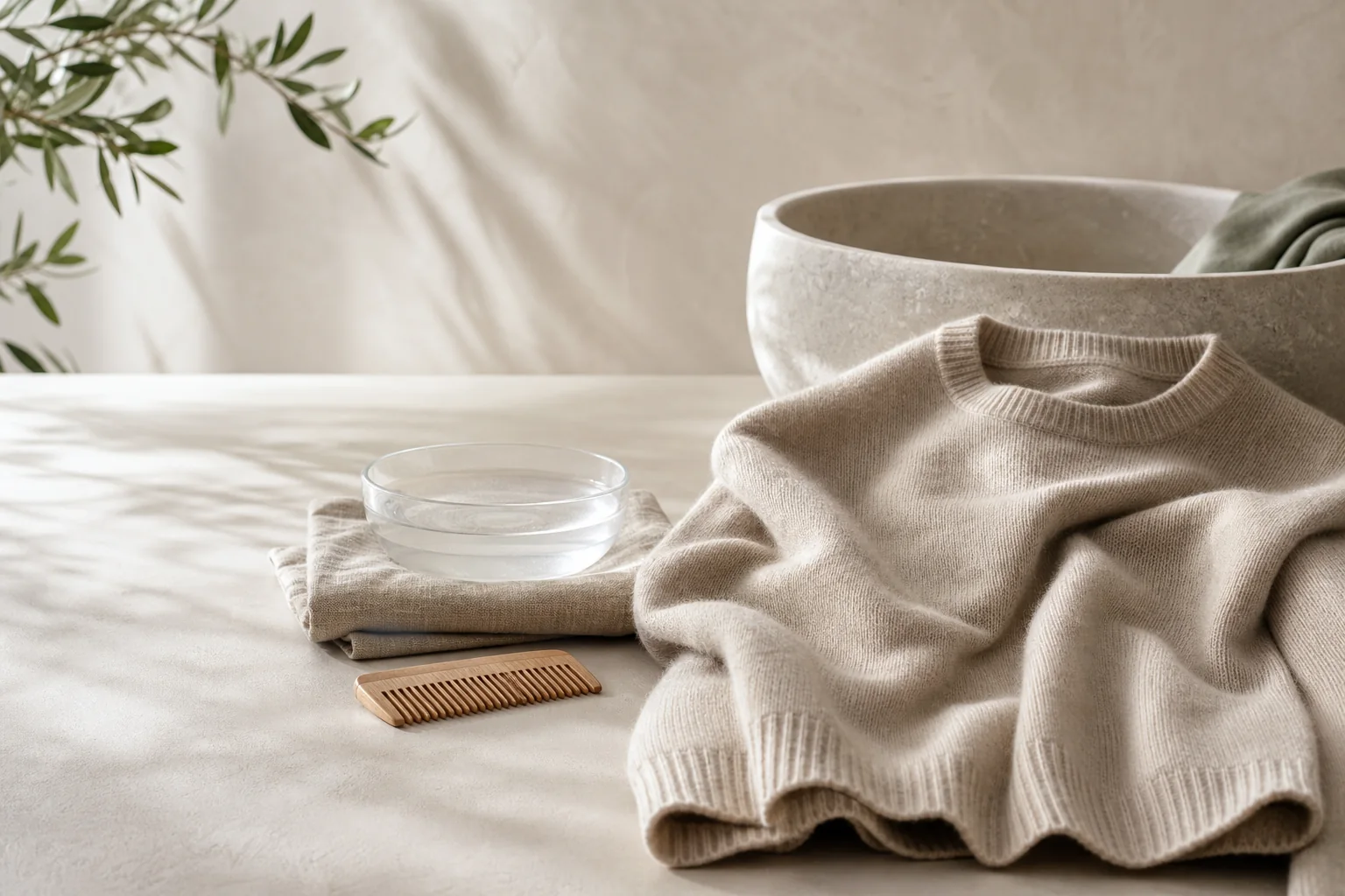 Oatmeal cashmere sweater arranged with a linen towel, water bowl, and wooden cashmere comb