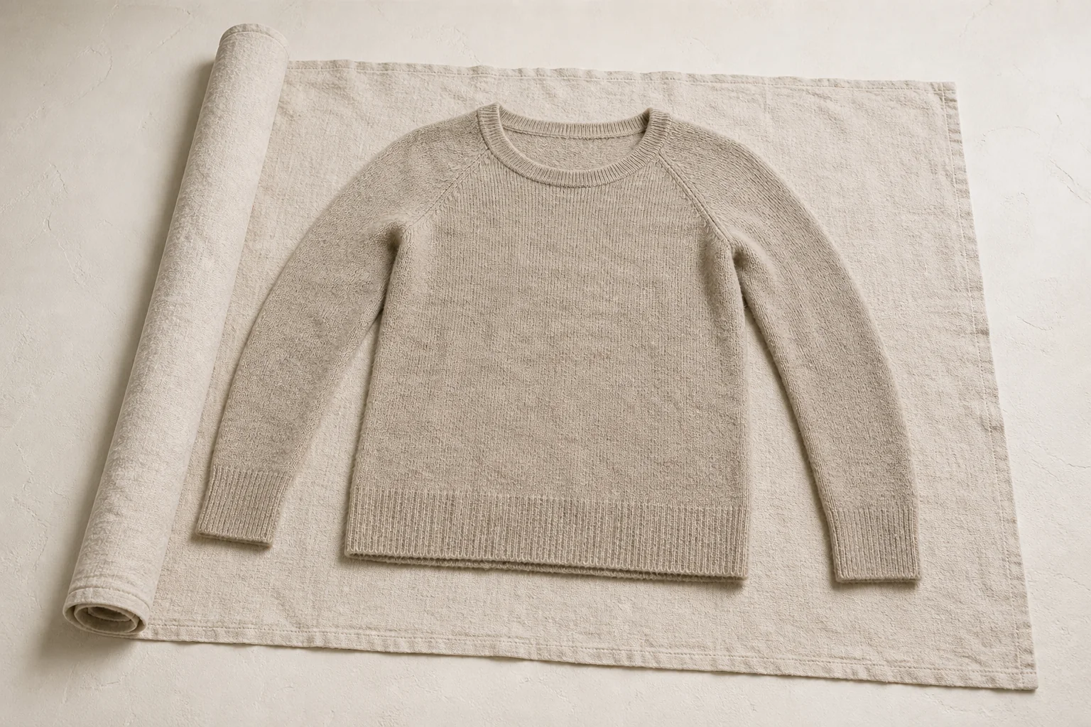 Cashmere sweater reshaped flat on a clean linen towel for air drying