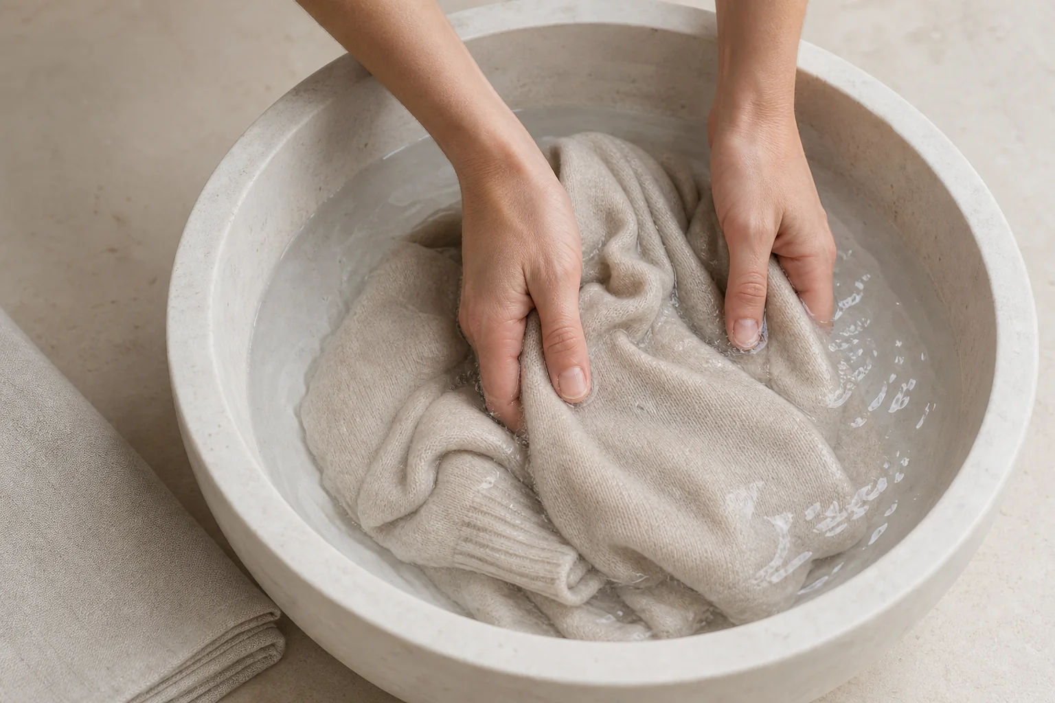Hands gently washing an oatmeal cashmere sweater in a basin of cool water