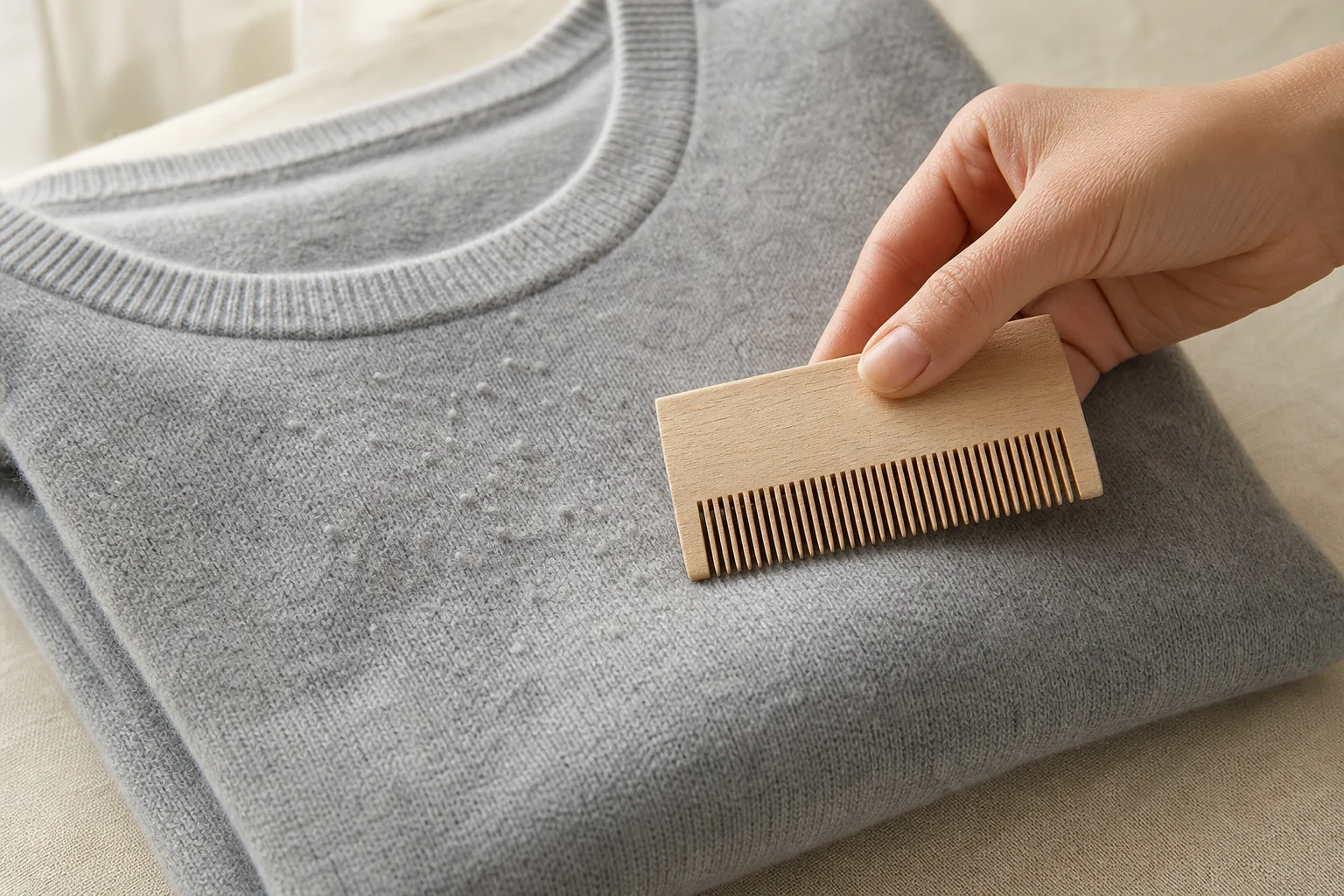 Wooden cashmere comb being used gently on natural pilling