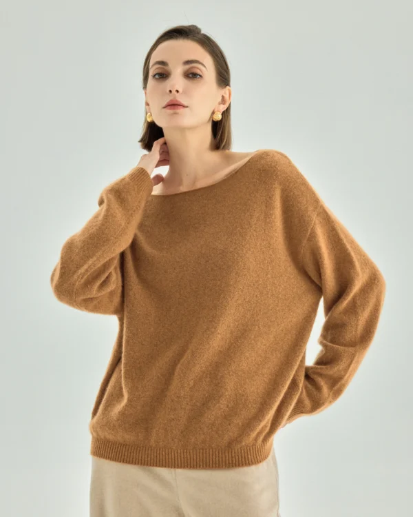 Cashmere Silk Boat-Neck Sweater — Caramel Camel