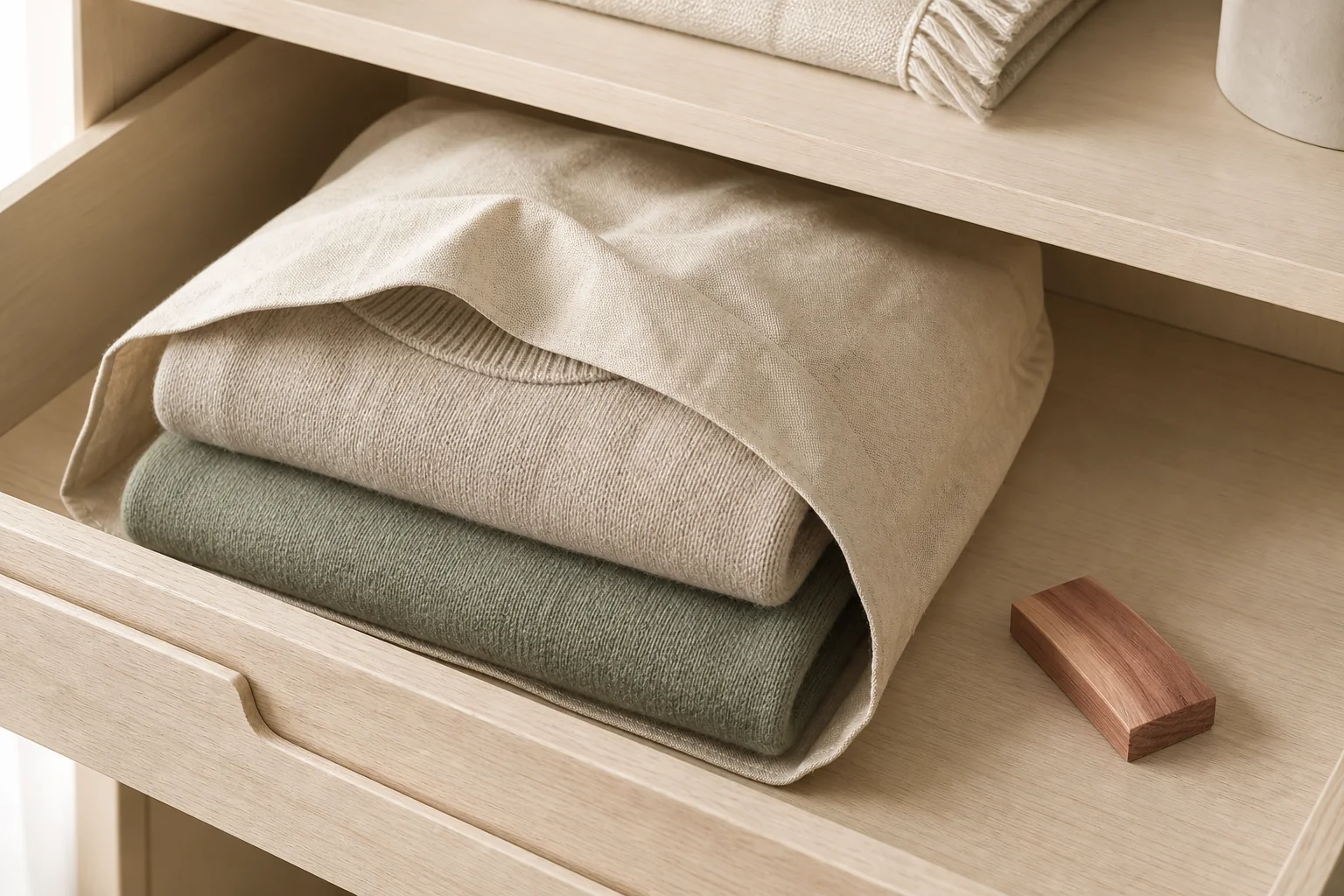 Folded cashmere sweaters stored in a breathable cotton garment bag