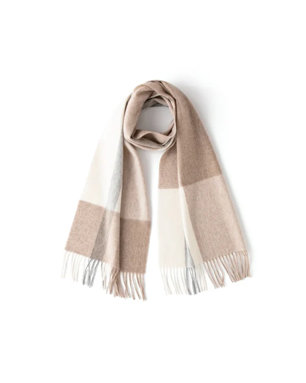 Check & Color-Block Cashmere Scarf - 70.87 x 11.81 in — Camel White Check