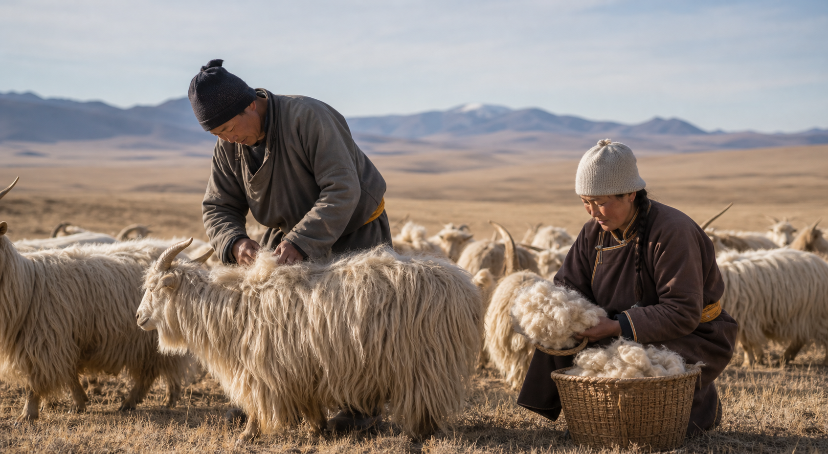 Cashmere herders collecting raw fibre