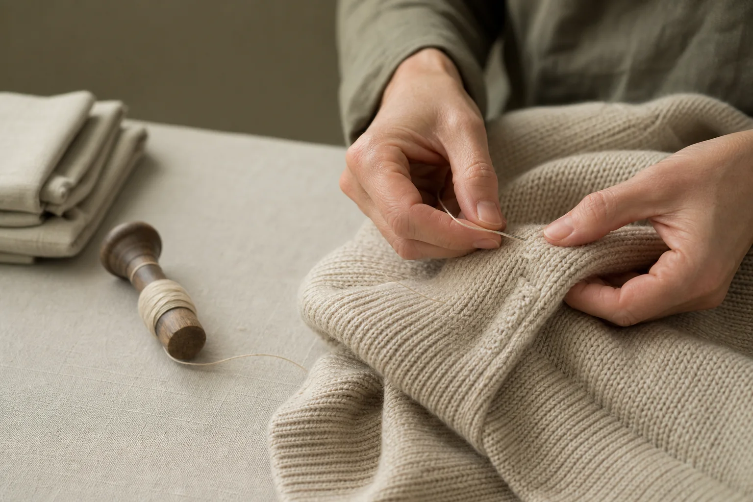 Hands carefully mending an oatmeal natural-fiber knit garment