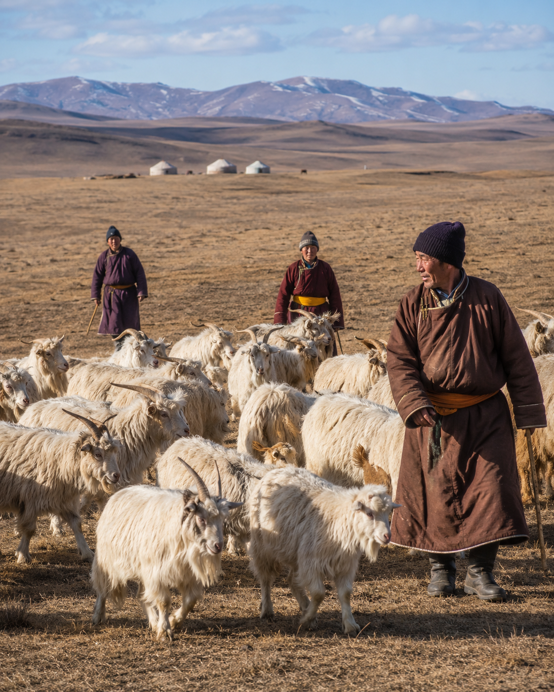 Cashmere goats and herders on a highland pasture