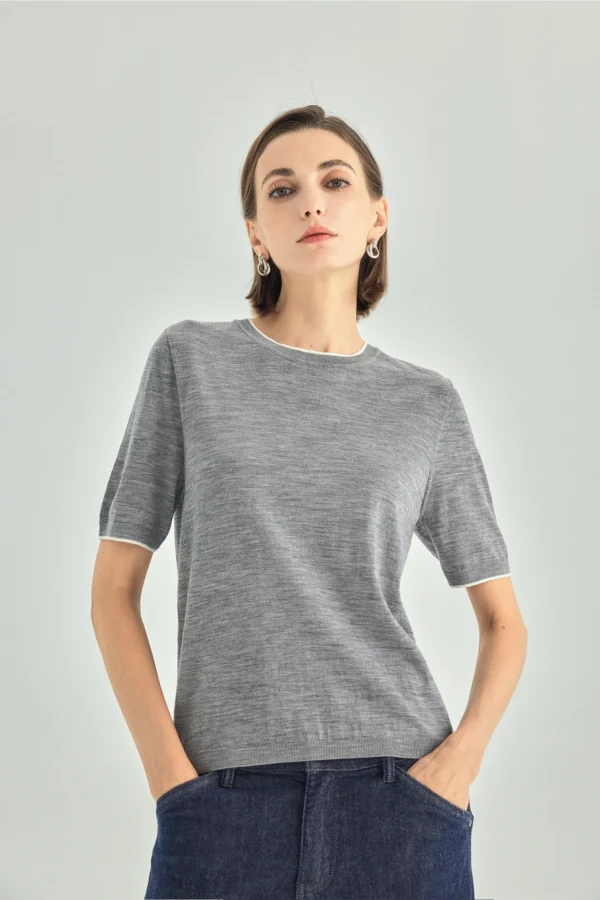Seamless Merino Wool Contrast Trim Knit Top