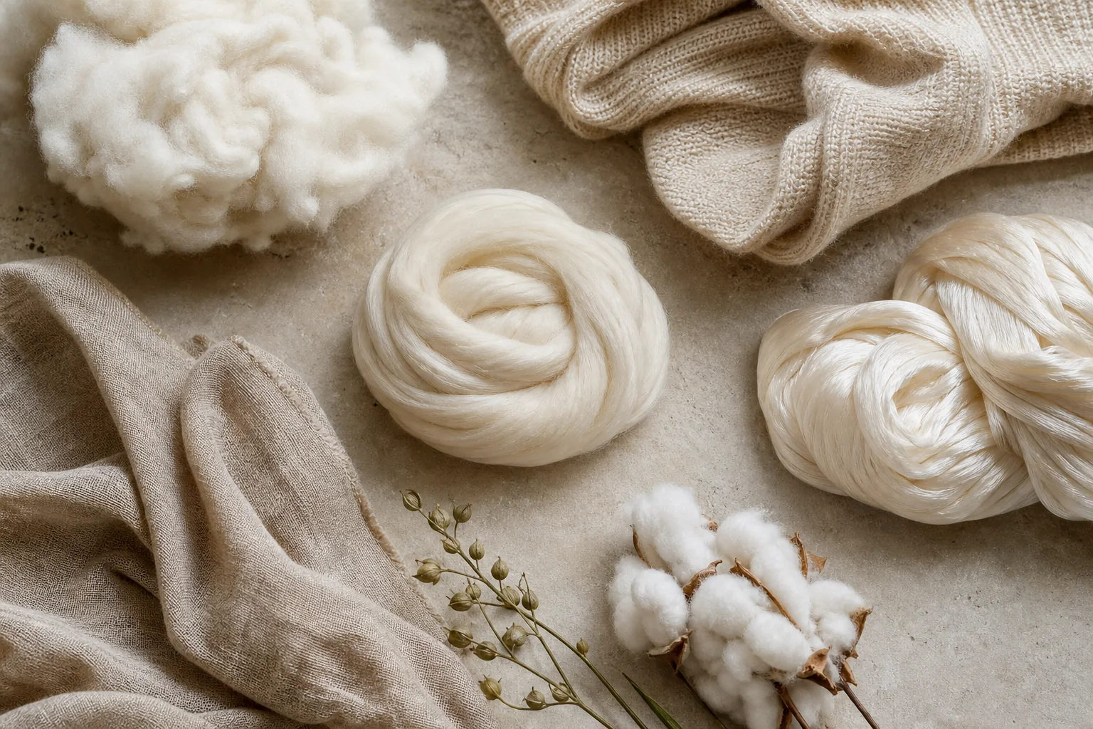 Natural fibers and textiles including cashmere, wool, silk, linen, and cotton