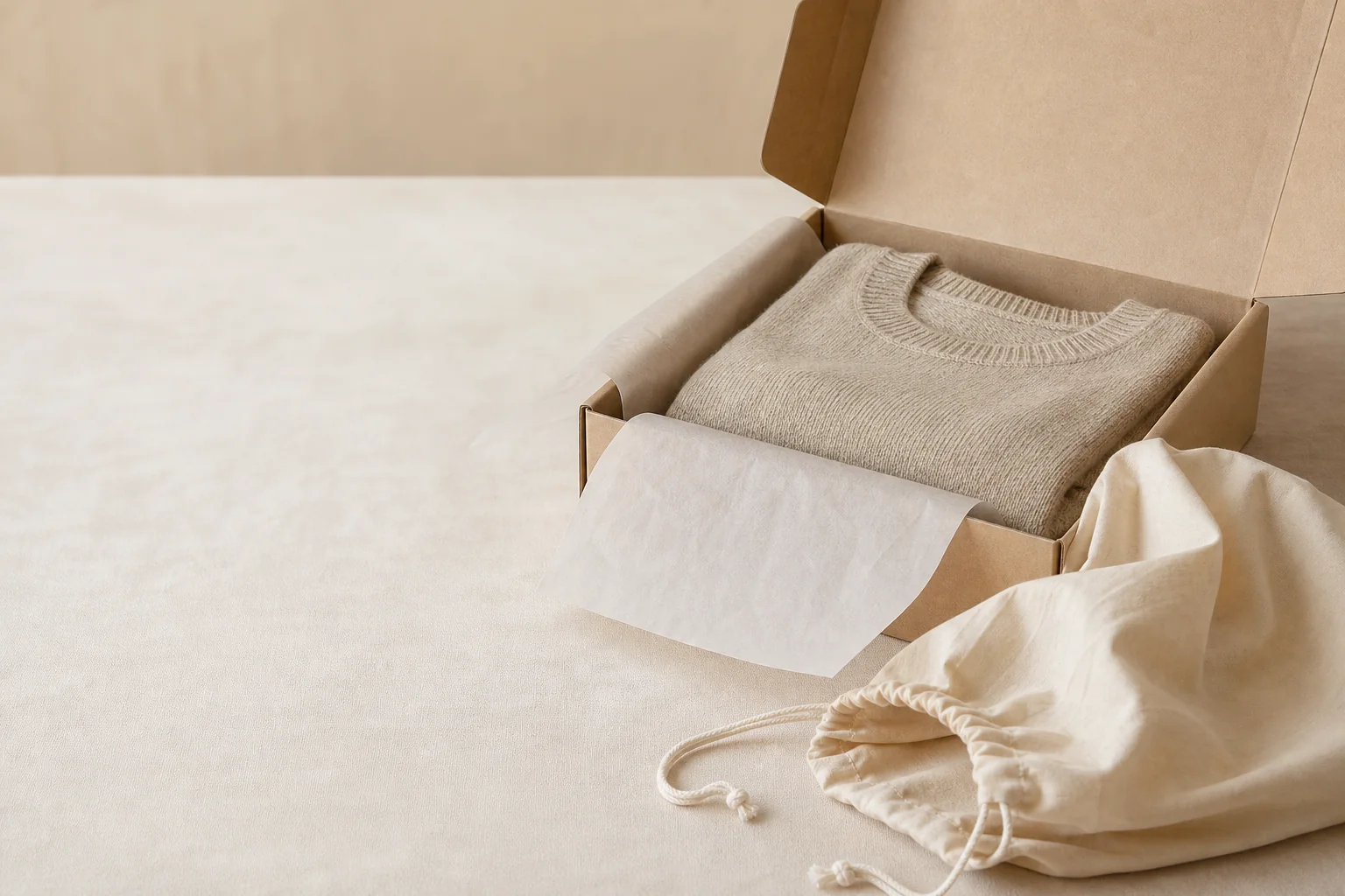 Natural-fiber knitwear prepared with restrained paper and cotton packaging