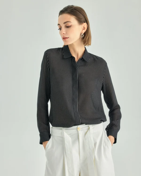 Striped Draped Hidden-Placket Shirt — Black and White Stripe