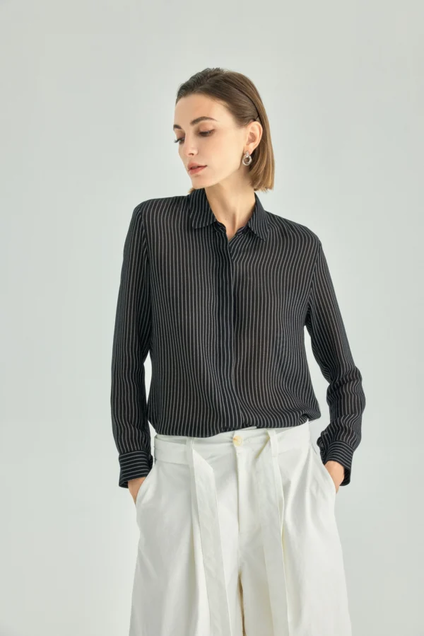 Striped Draped Hidden-Placket Shirt
