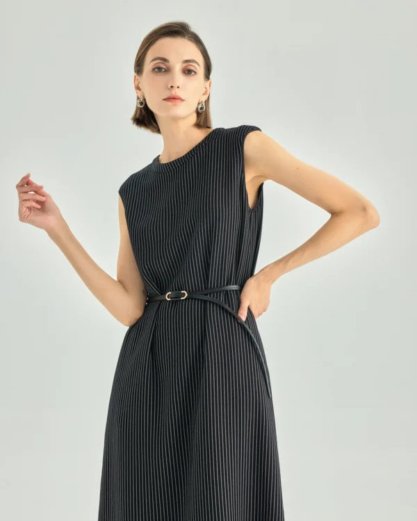 Striped Belted A-Line Midi Dress — black