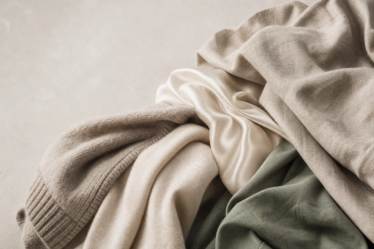 Natural cashmere, wool, silk, linen, and cotton textiles arranged in soft neutral tones