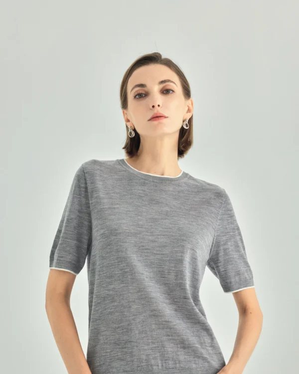 A+ Collection Seamless Merino Wool Contrast Trim Knit Top — gray
