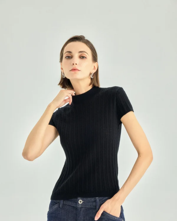 A+ Collection Wool Cashmere Pearl-Fiber Cable-Knit Top — black