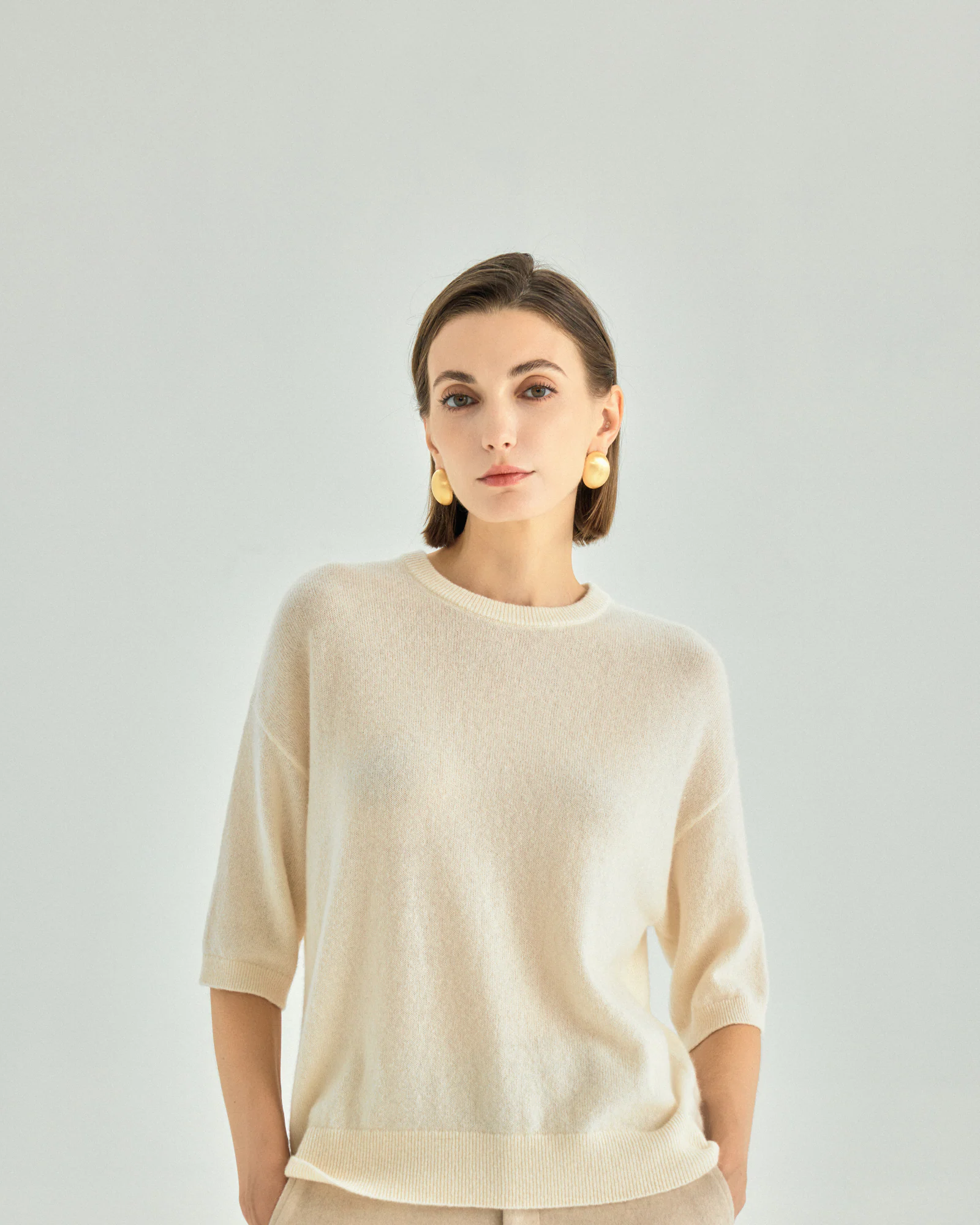 Cashmere Silk Elbow-Sleeve Crewneck Sweater – Cream White – image 1
