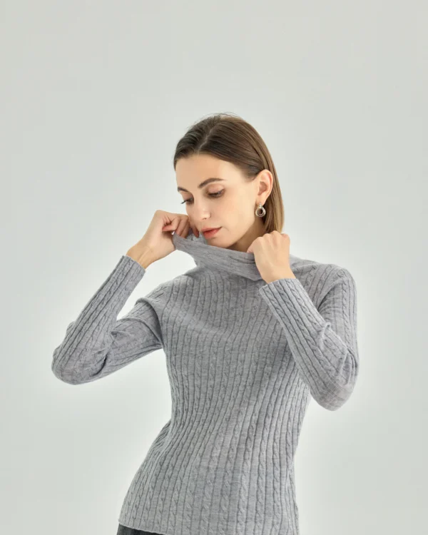 Cashmere Blend Cable-Knit Turtleneck Sweater — Grey