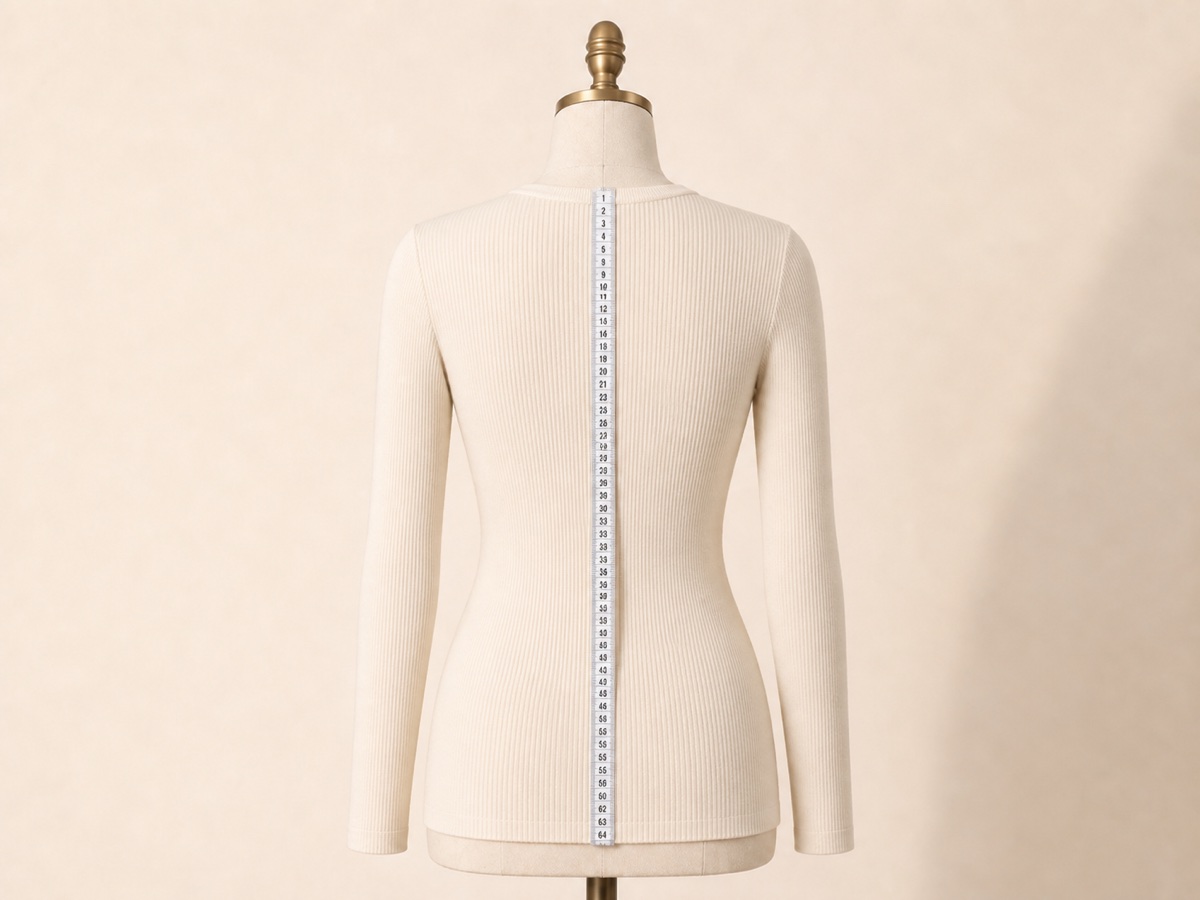 Back view of a dress form showing how to measure from the center-back neckline seam to the garment hem