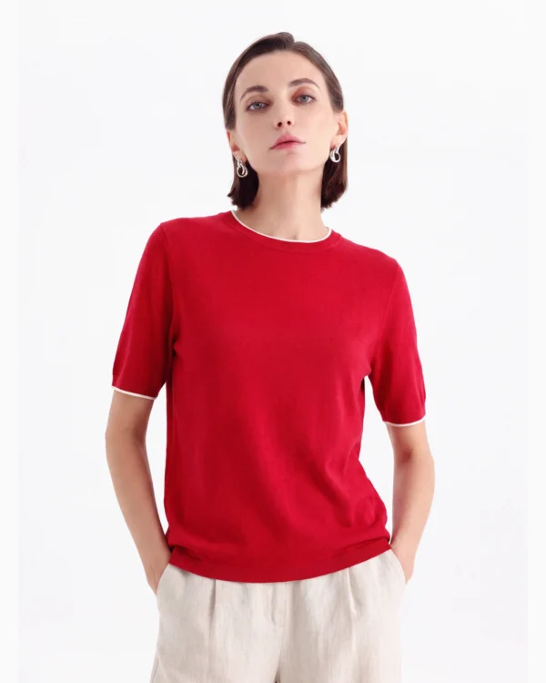 A+ Collection Seamless Merino Wool Contrast Trim Knit Top — Classic Red
