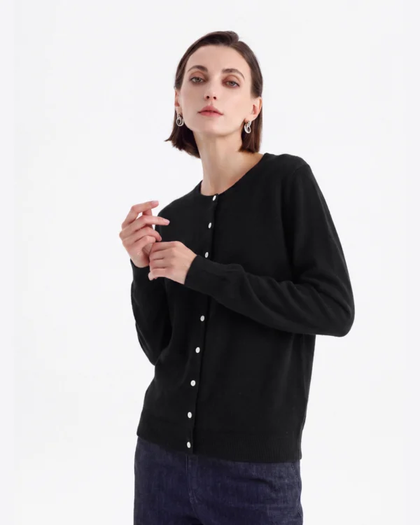 Pure Mongolian Cashmere Crewneck Cardigan — black