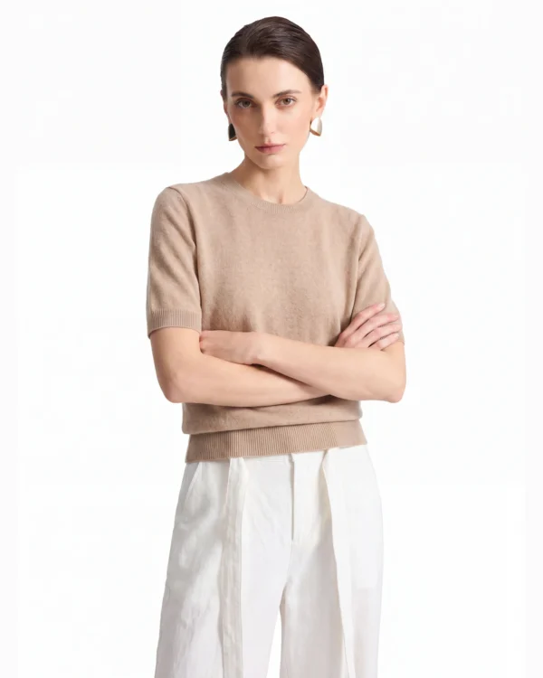 Pure Mongolian Cashmere Short-Sleeve Crewneck Sweater — Camel