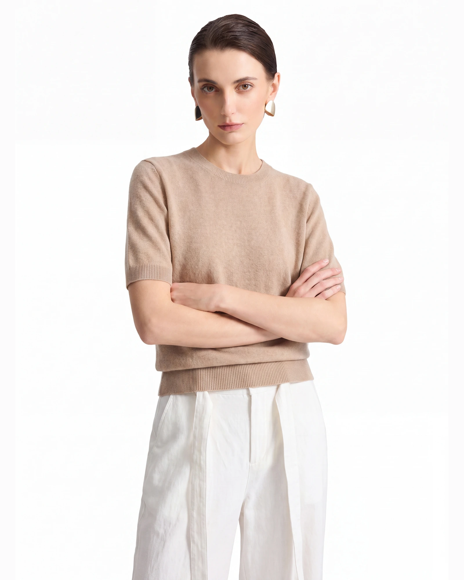 Pure Mongolian Cashmere Short-Sleeve Crewneck Sweater – Camel – image 1