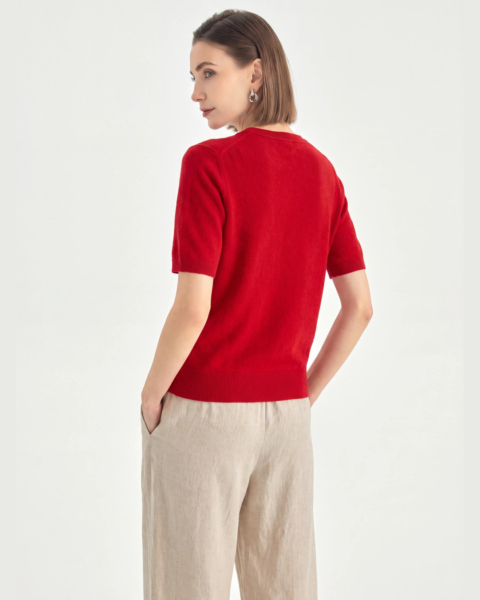 Pure Mongolian Cashmere Short-Sleeve Crewneck Sweater – Ruby Red – image 4
